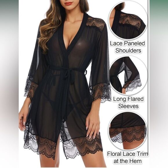 Womens Lingerie Robe Lace Kimono Robe Sexy Bathrobe Babydoll Nightgown Large - Picture 2 of 6